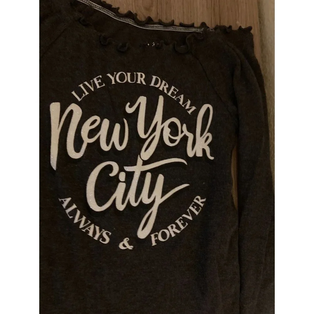 Justice Long Sleeve 10 Sparkly Cotton Blend Top Dark Gray New York City Scallop